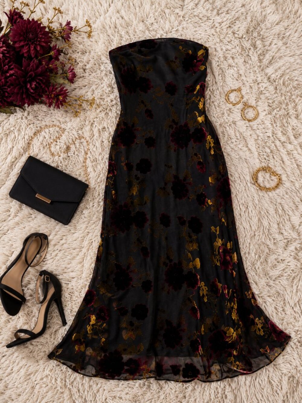 B Darlin Strapless Flocked Maxi Dress Black Red Size 5/6 NWT